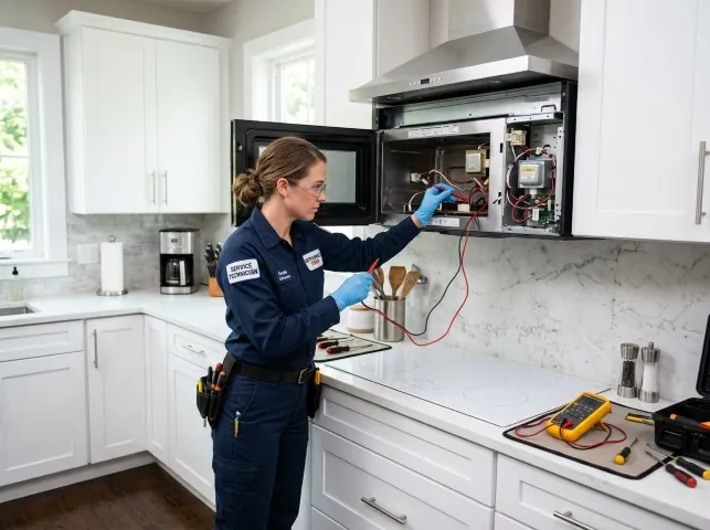 Appliance Repair Hero technician testing an over-the-range microwave in a Adona, AR kitchen
